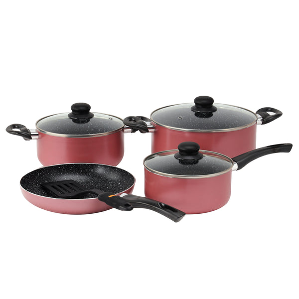 8pcs Aluminium Cookware Set with Granite Coating - 3 Layer Construction, Strong Aluminium Body, CD Bottom, Tempered Glass Lid with Steel Frame