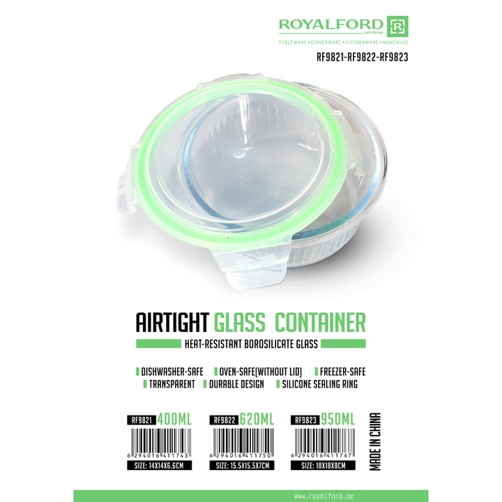 Airtight Glass Container - Portable Glass Round Container - Food Storag 950ml