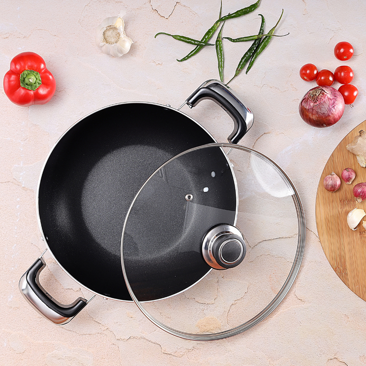 Aluminium Wok Pan with Glass Lid 26cm - Induction Safe Frying Pan with Durable Non-Stick