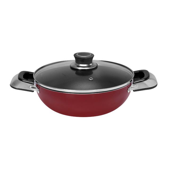 Aluminium Wok Pan with Glass Lid 22cm - Induction Safe Frying Pan with Durable Non-Stick