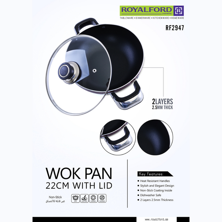 Aluminium Wok Pan with Glass Lid 22cm - Induction Safe Frying Pan with Durable Non-Stick