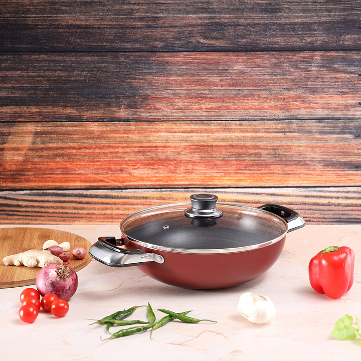 Aluminium Wok Pan with Glass Lid 22cm - Induction Safe Frying Pan with Durable Non-Stick