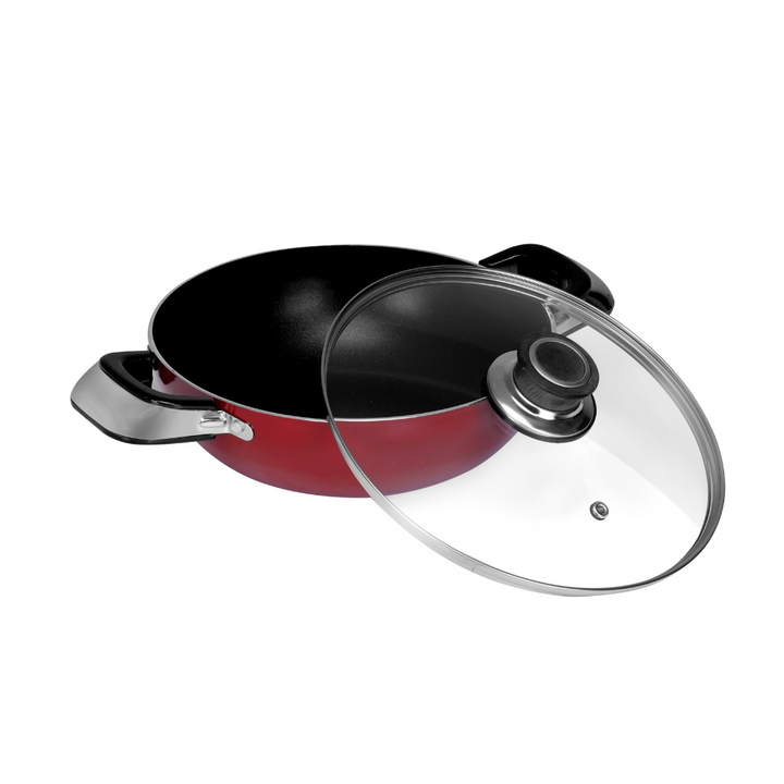 Aluminium Wok Pan with Glass Lid 22cm - Induction Safe Frying Pan with Durable Non-Stick