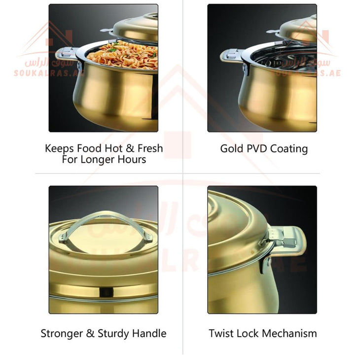 حرارة أفياس ريارا باللون الذهبي المصنوعة من الاستانلس ستيل المقاوم للصدأ | حرارة عازلة للحرارة سعة 1.5 لتر | قفل دوار ومقابض قوية | تحافظ على الطعام ساخنًا