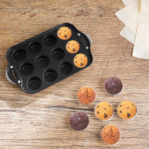 Carbon Steel Muffin Pan with Loose Base - Non-Stick Coating - 12 Cups Baking Pan