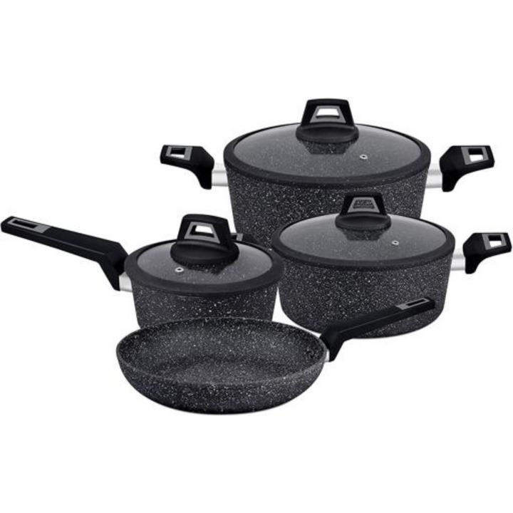 Chef Art Aluminium Cookware Set, 7 Pieces in Black - Scratch Resistant - Tempered Glass Lids