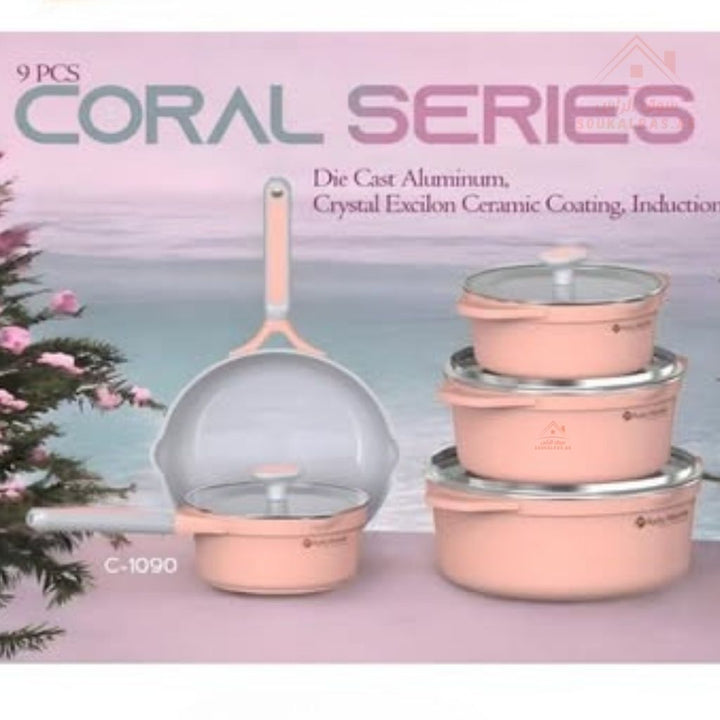 طقم أواني طهي سيراميك كريستال 9 قطع – Coral Series | طبقة غير لاصقة 6 طبقات | متوافق مع الحث الحراري | باللون الوردي فاخر