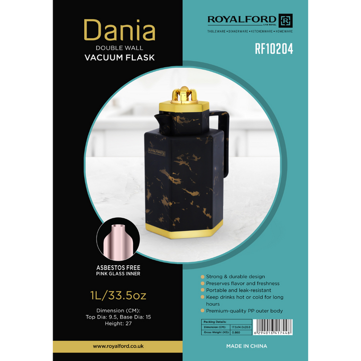 Dalia Double Wall Vacuum Flask, Leak-Proof Thermos, PP Outer Body, ASBESTOS Free Pink Glass Inner 1L