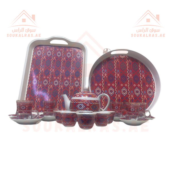 Deluxe Arabic-Patterned Camping Set For Arabic Coffee & Tea  - RED - Set 19pcs With a jug to give as a gift