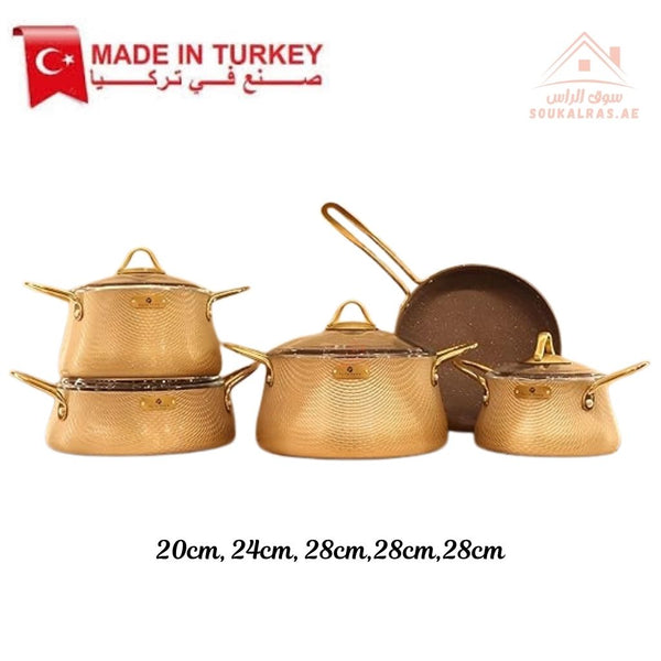 طقم أواني طهي جرانيت فاخر 9 قطع – سلسلة إليغانس | 6 طبقات غير لاصقة مقاومة للخدوش و سمك خاص 5 ملم لمتانة طويلة الأمد | صناعة تركية