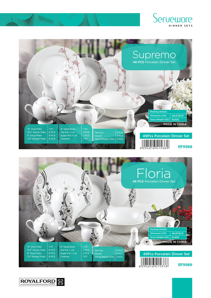 Floria Dinner Set - Floral Design - Porcelain Plates, Bowls, Spoons, Cup & Saucer Tea Pot 49Pcs