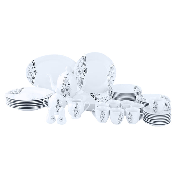 Floria Dinner Set - Floral Design - Porcelain Plates, Bowls, Spoons, Cup & Saucer Tea Pot 49Pcs