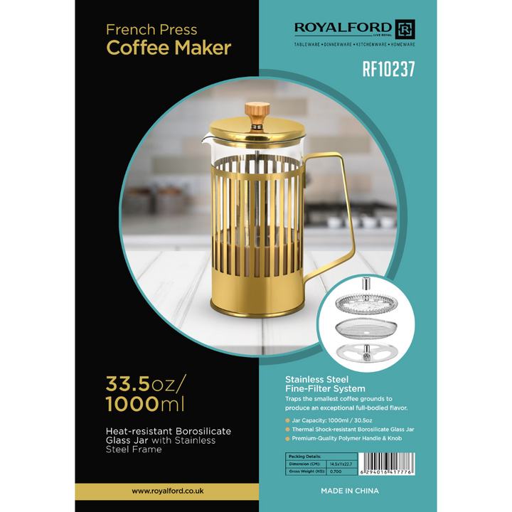 French Press Coffee Maker - Borosilicate Glass Jar - Stainless Steel Frame 1000ml.