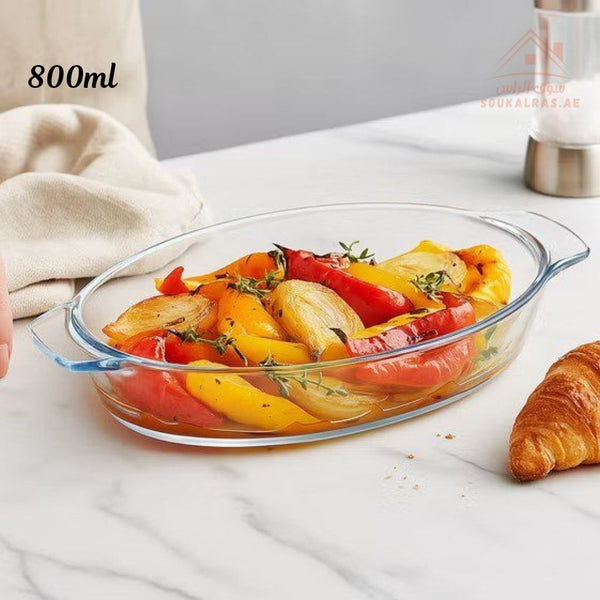 صينية زجاج حرارية 800 مل | آمنة للفرن والمايكروويف | مثالية للخبز، التقديم، وحفظ الأطعمة.