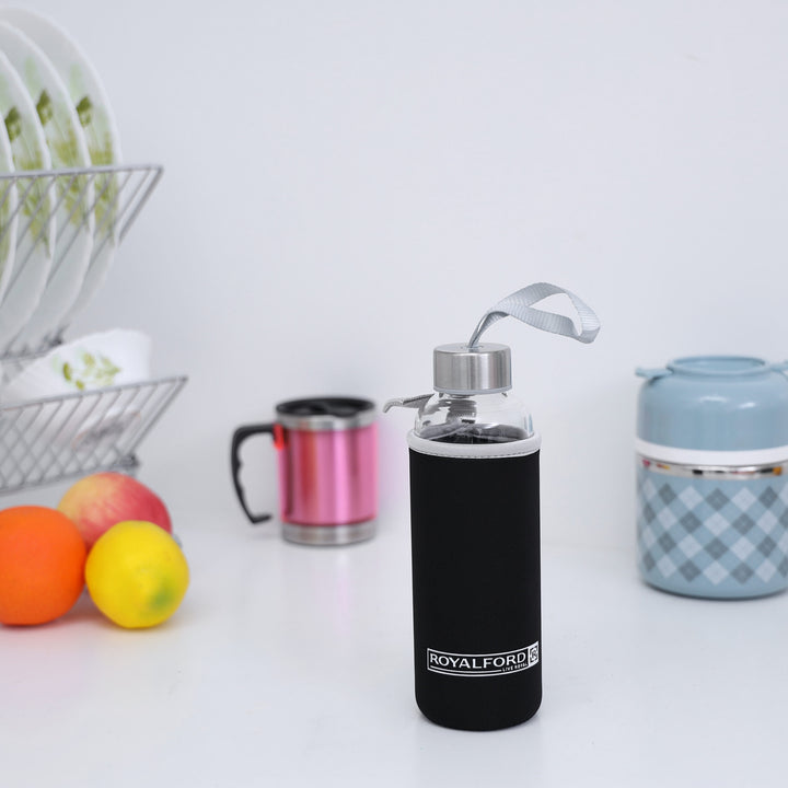 Glass Water Bottle with Neoprene Bag - Portable Steel Cap - Lead-Free 500ml