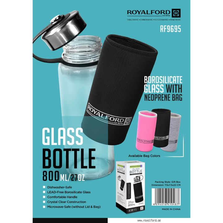 Glass Water Bottle with Neoprene Bag - Portable Steel Cap - Lead-Free 500ml