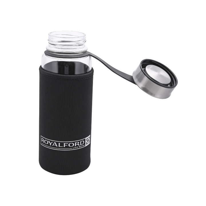 Glass Water Bottle with Neoprene Bag - Portable Steel Cap - Lead-Free 500ml