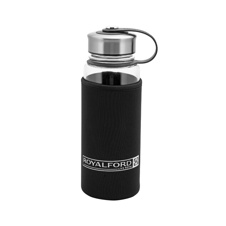 Glass Water Bottle with Neoprene Bag - Portable Steel Cap - Lead-Free 500ml