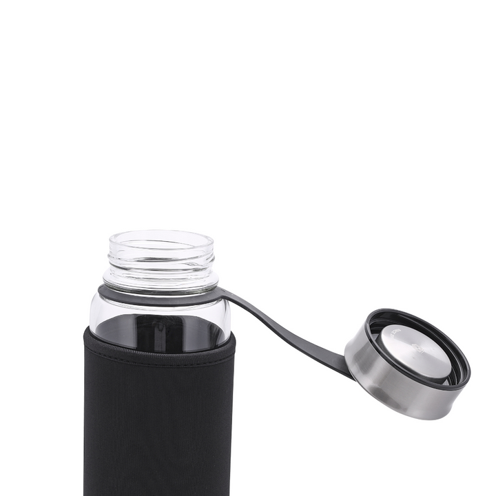 Glass Water Bottle with Neoprene Bag - Portable Steel Cap - Lead-Free 500ml