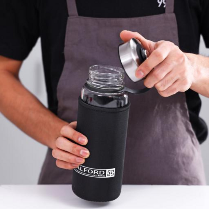 Glass Water Bottle with Neoprene Bag - Portable Steel Cap - Lead-Free 500ml