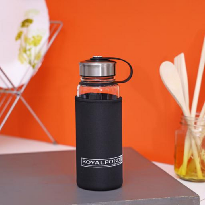 Glass Water Bottle with Neoprene Bag - Portable Steel Cap - Lead-Free 500ml