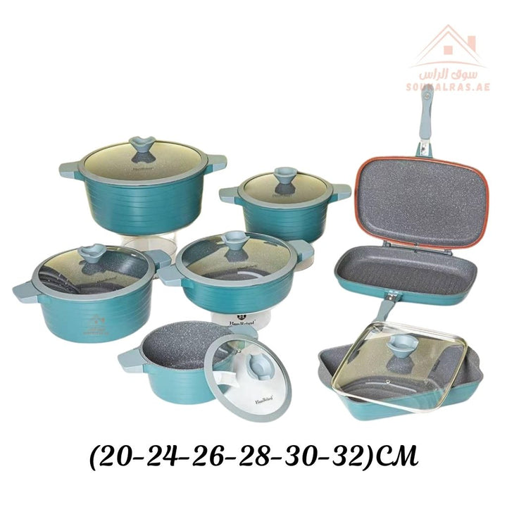 HausRoland 14 - Piece Granite Cookware Set | Premium Non - Stick Pots with Glass Lids & Double Grill Pan | Modern style that fits any kitchen décor - Souk Al Ras