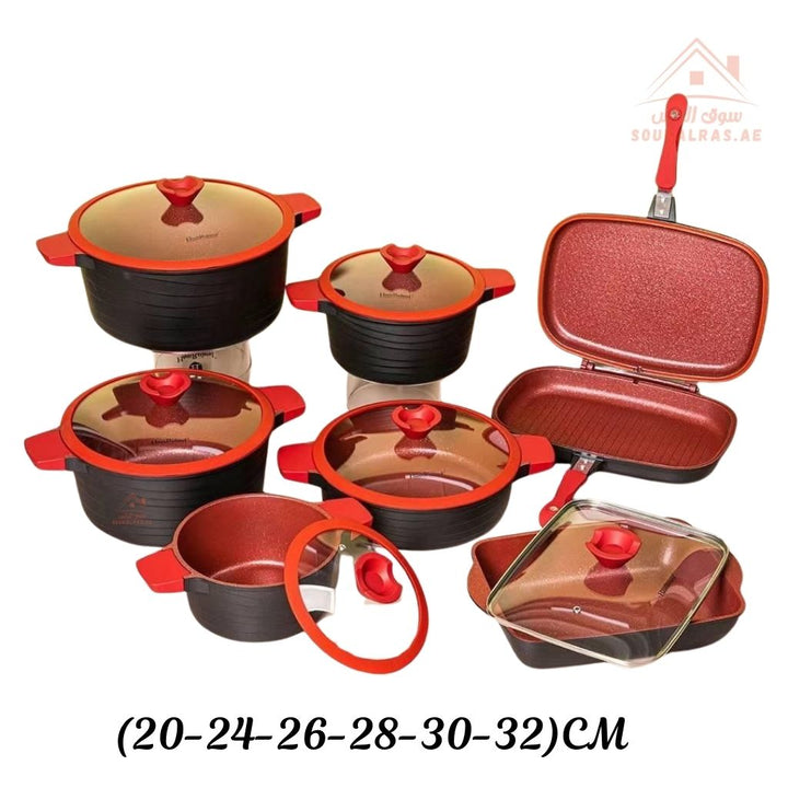 HausRoland 14 - Piece Granite Cookware Set | Premium Non - Stick Pots with Glass Lids & Double Grill Pan | Modern style that fits any kitchen décor - Souk Al Ras