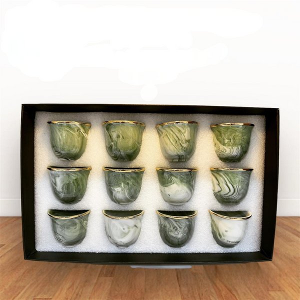 Legend 12-Piece Cawa Cup Set | Elegant Marble Design | Ideal for Arabic Coffee|Emerald Stone Design.