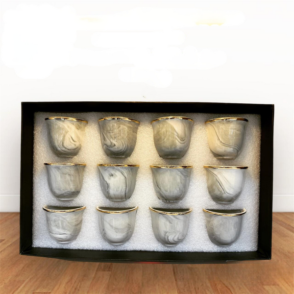 Legend 12-Piece Cawa Cup Set | Elegant Marble Design | Ideal for Arabic Coffee|Gray Marble Pattern