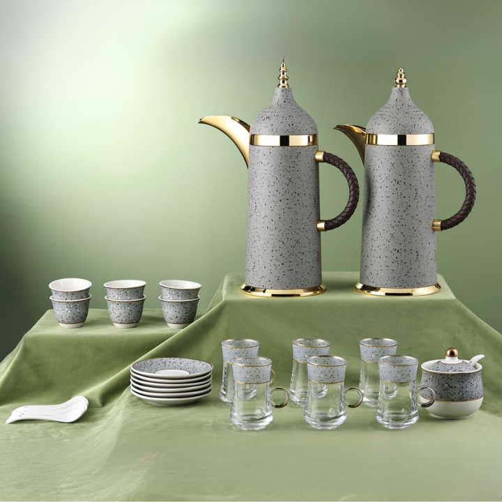 Luxurious Marble-Design Tea and Coffee Serving Dallah Set - Complete 28-Piece Set