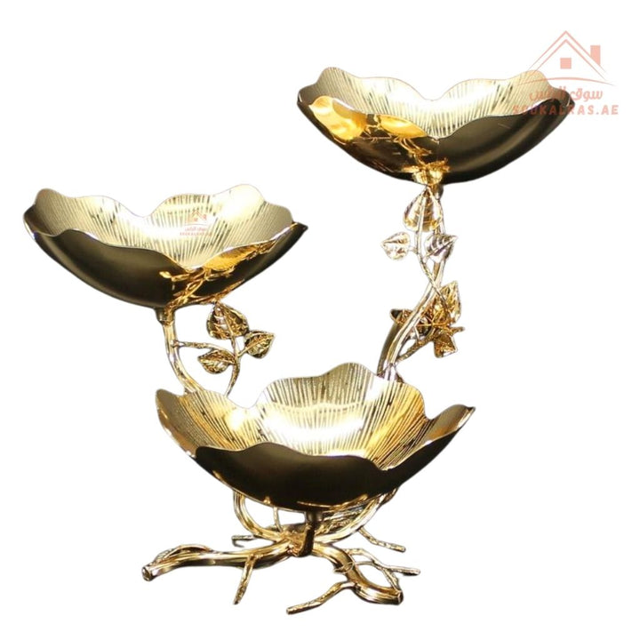 حامل حلويات تقديم فاخر 3 طبقات بتصميم زهور | متوفر باللون الذهبي والفضي | مثالي للفاكهة، التمور، الحلويات، الشوكولاتة وغيرها