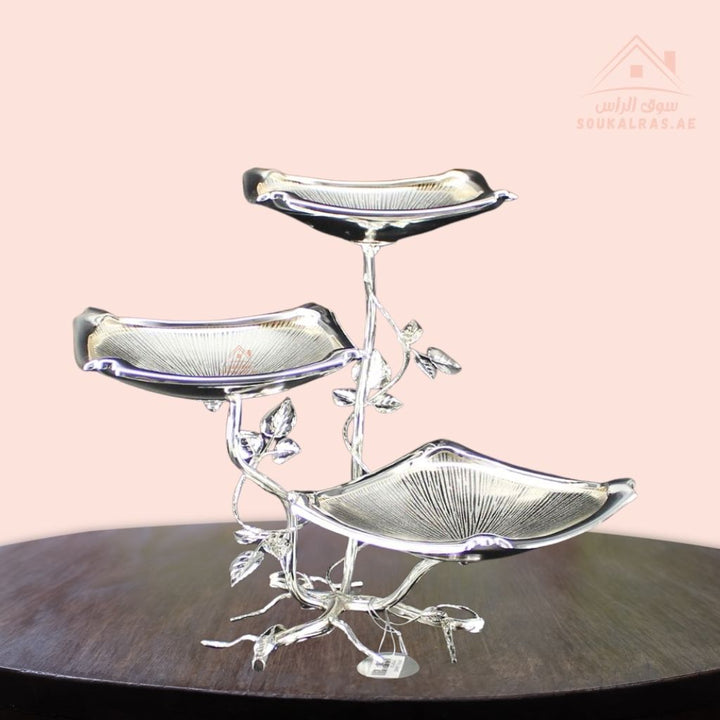حامل حلويات تقديم فاخر 3 طبقات بتصميم أوراق | متوفر باللون الذهبي والفضي | مثالي للفاكهة، التمور، الحلويات، الشوكولاتة وغيرها