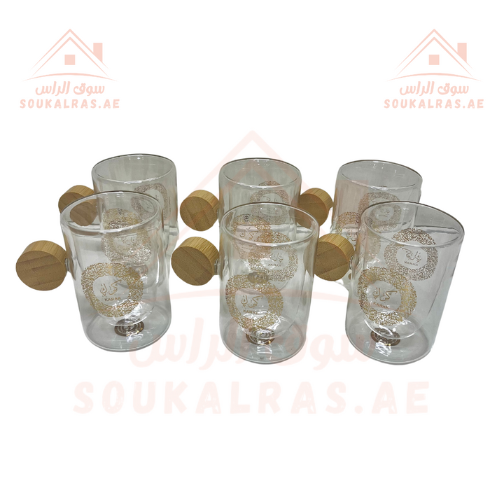 Luxury Glass Karak Tea Set with glass Kettle 1.5L and six double-wall karak cups