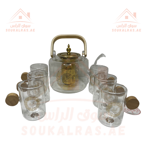 Luxury Glass Karak Tea Set with glass Kettle 1.5L and six double-wall karak cups