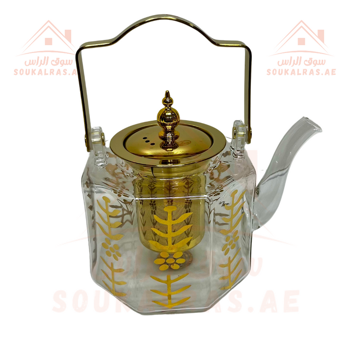 Luxury Glass Kettle 1L with Gold Detailing and Stainless Steel Strainer  and 6 Tea Cup Set with Gold Accents