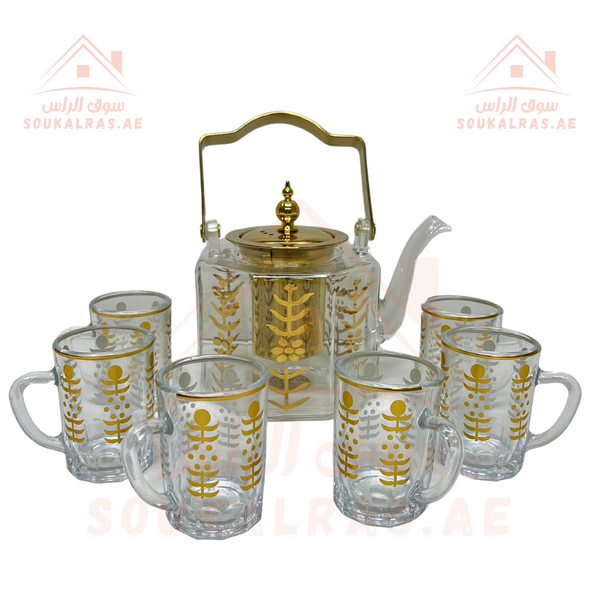 Luxury Glass Kettle 1L with Gold Detailing and Stainless Steel Strainer  and 6 Tea Cup Set with Gold Accents
