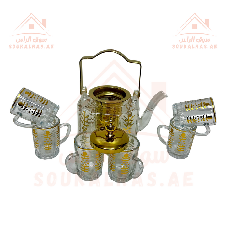 Luxury Glass Kettle 1L with Gold Detailing and Stainless Steel Strainer  and 6 Tea Cup Set with Gold Accents