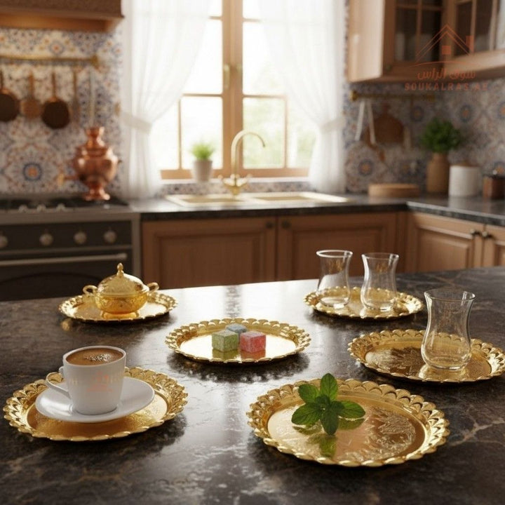 طقم صحون تقديم ذهبي فخم مع ستاند | 6 صحن مقاس 18 سم | تصميم فاخر للضيافة