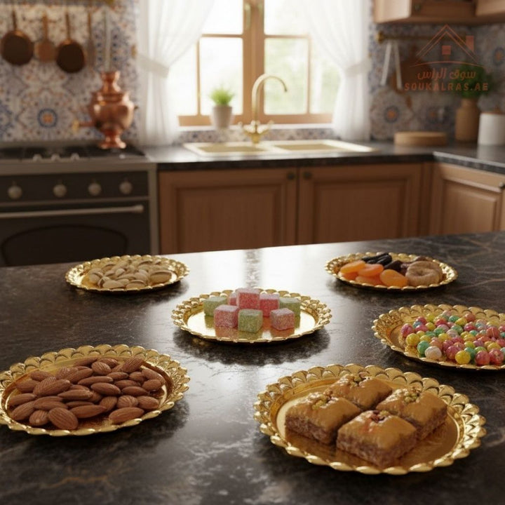 طقم صحون تقديم ذهبي فخم مع ستاند | 6 صحن مقاس 18 سم | تصميم فاخر للضيافة