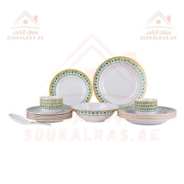 Melamineware Dinner Set 20Pcs includes 6 deep plates, 6 flat plates, 6 bowls, 1 large bowl, and 1 rice spoon