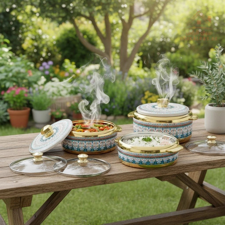 Modeware Marhaba 9 - Piece Insulated Casserole Set - Hot Pot Food Warmers with 3 Glass & 3 Plastic Lids (1.5L, 2L, 2.5) Made in India - Souk Al RasServeware