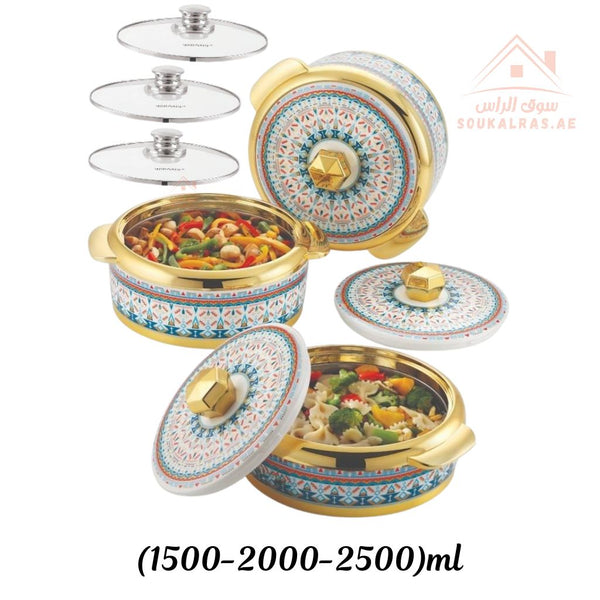 Modeware Marhaba 9 - Piece Insulated Casserole Set - Hot Pot Food Warmers with 3 Glass & 3 Plastic Lids (1.5L, 2L, 2.5) Made in India - Souk Al RasServeware
