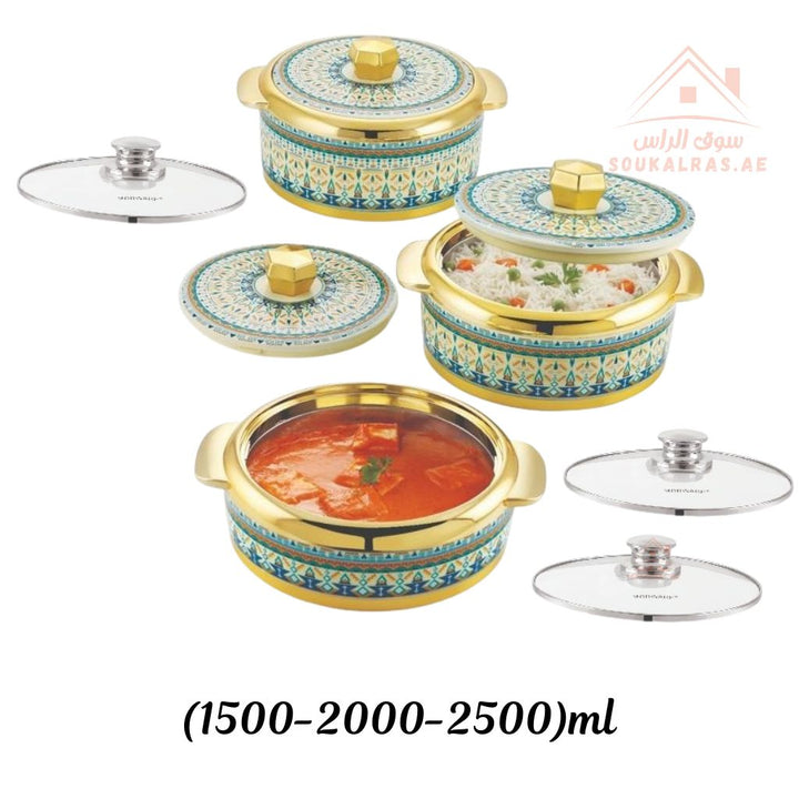 Modeware Marhaba 9 - Piece Insulated Casserole Set - Hot Pot Food Warmers with 3 Glass & 3 Plastic Lids (1.5L, 2L, 2.5) Made in India - Souk Al RasServeware