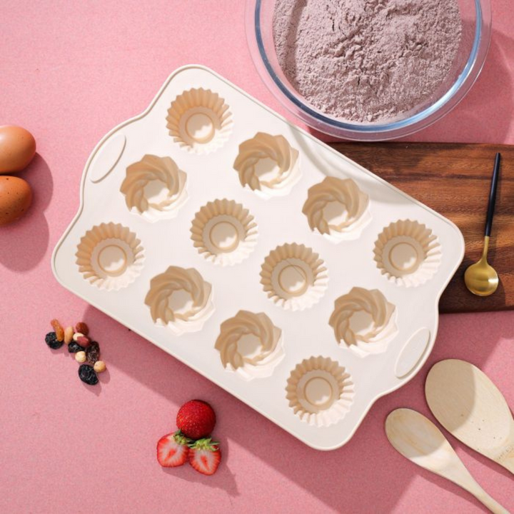 Muffin Pan 12 Cup Beige - Silicone Cupcake Tray, Baking Pan 34x22cm