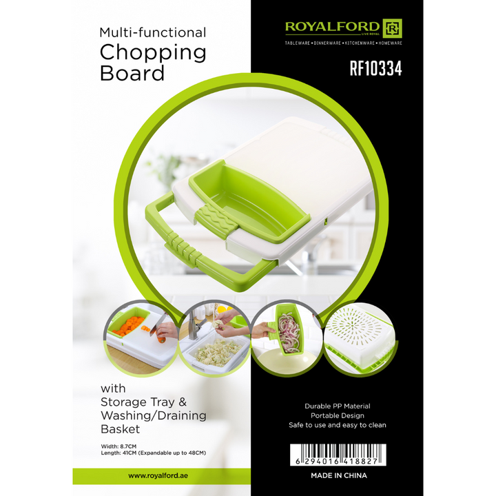 Multi-Functional Chopping Board with Container - PP Material - Storage Tray & WashingDraining Basket - Adjustable Length