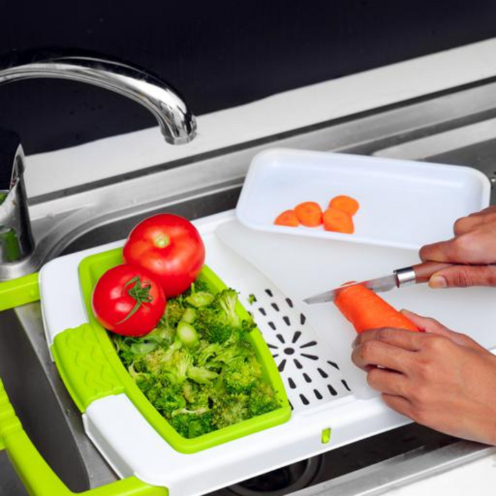 Multi-Functional Chopping Board with Container - PP Material - Storage Tray & WashingDraining Basket - Adjustable Length.