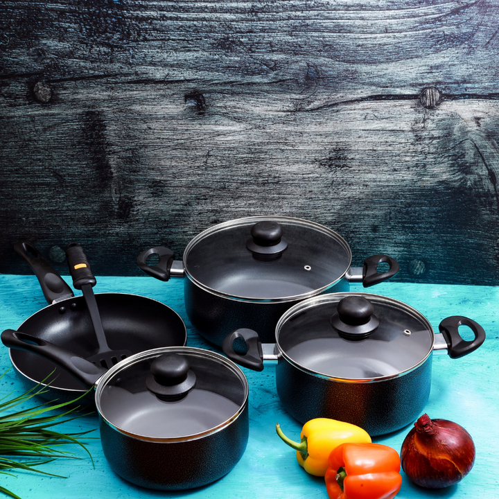 Non-Stick Aluminium Cookware Set - Scratch Resistant, Tempered Glass Lids - Bakelite Knobs and CD Bottom 8Pcs