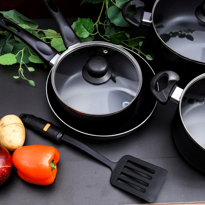 Non-Stick Aluminium Cookware Set - Scratch Resistant, Tempered Glass Lids - Bakelite Knobs and CD Bottom 8Pcs