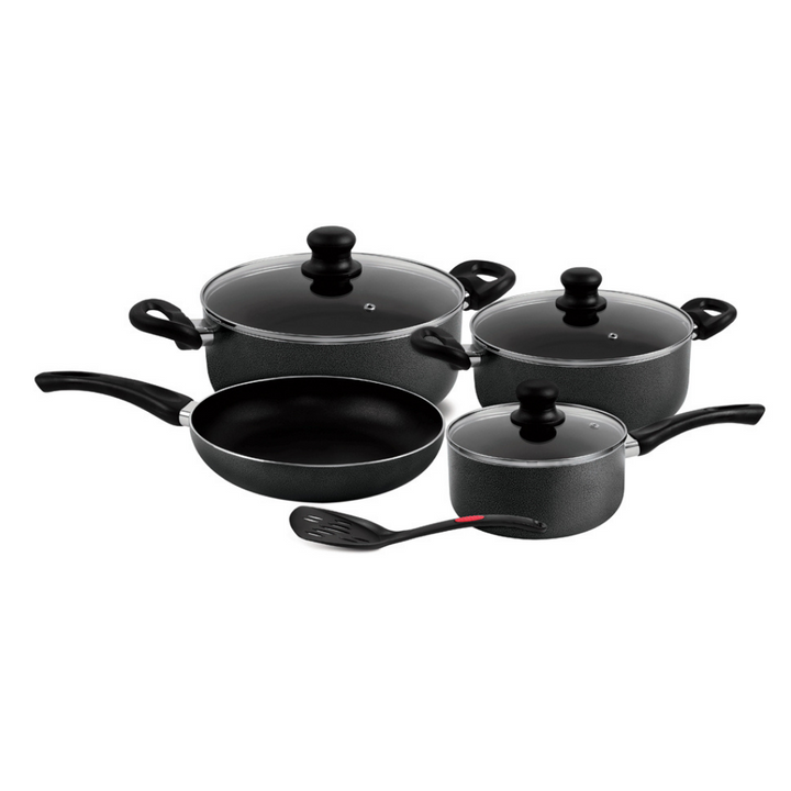 Non-Stick Aluminium Cookware Set - Scratch Resistant, Tempered Glass Lids - Bakelite Knobs and CD Bottom 8Pcs