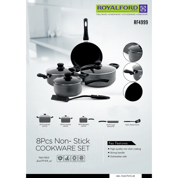 Non-Stick Aluminium Cookware Set - Scratch Resistant, Tempered Glass Lids - Bakelite Knobs and CD Bottom 8Pcs